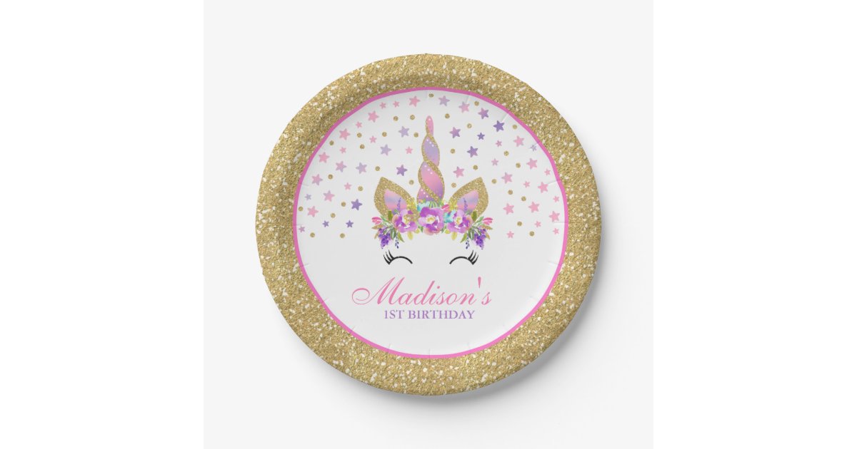 Unicorn Pink And Gold Paper Plate 7" Paper Plates | Zazzle.com