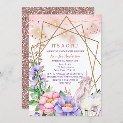 Unicorn Pink and Purple Floral Baby Girl Shower Invitation