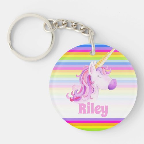 Unicorn pink and rainbow stripes custom name keychain