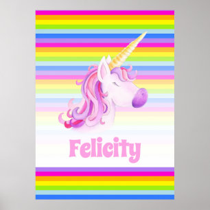 Unicorn pink and rainbow stripes custom name poster