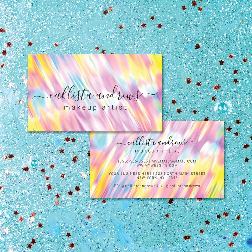 Unicorn Pink Aqua Blue Holographic Makeup Artist Business Card