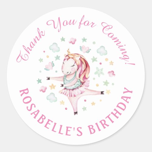 Unicorn Pink Ballerina Birthday Party Thank You Classic Round Sticker
