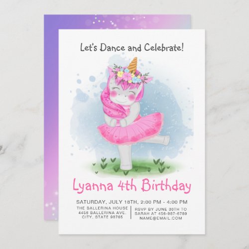 Unicorn Pink Ballerina Watercolor Floral Birthday Invitation