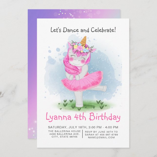 Unicorn Pink Ballerina Watercolor Floral Birthday Invitation (Front/Back)