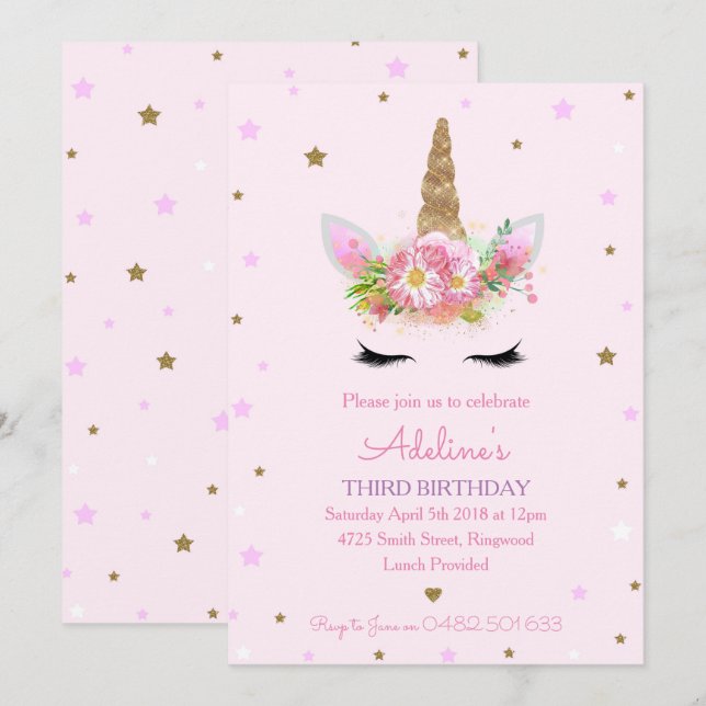 Unicorn Pink Birthday Party Invites Invitations (Front/Back)