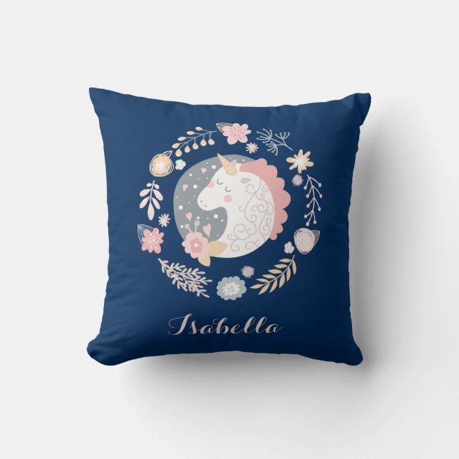 Unicorn Pink Blue Cute Personalized Name Throw Pillow (Front)
