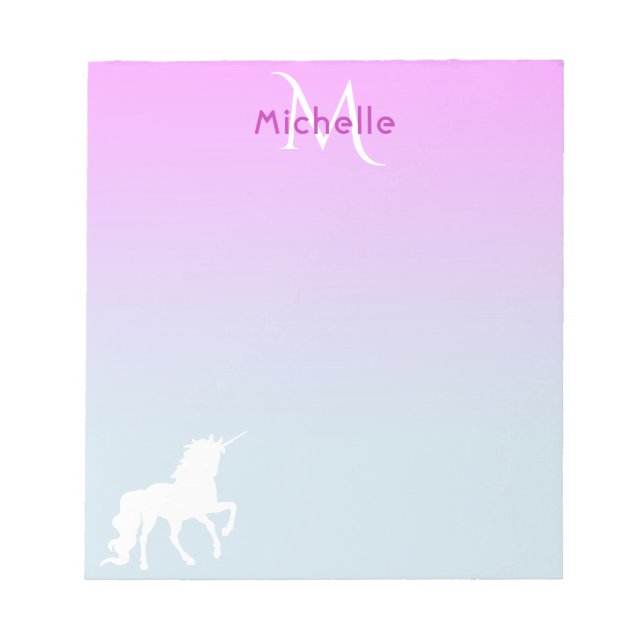 Unicorn Pink blue monogrammed Notepad (Front)