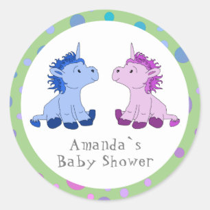 Unicorn Pink Blue Twin Baby Shower Classic Round Sticker