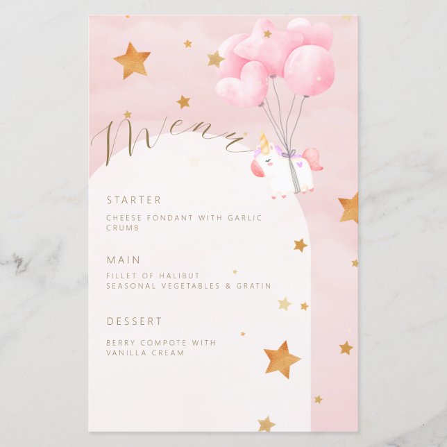 Unicorn Pink Clouds Girl Baby Shower Menu (Front)