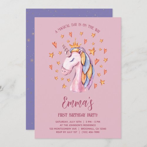 Unicorn Pink Cute Birthday Invitation