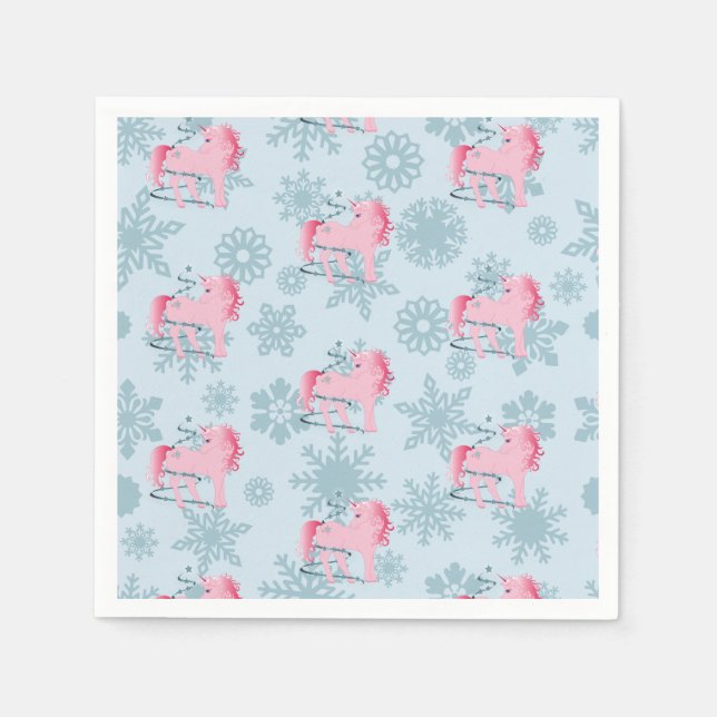 Unicorn Pink  Cute Girl Whimsical Snowflakes Napkins (Front)