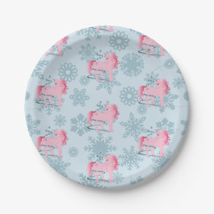 Unicorn Pink Cute Girl Whimsical Snowflakes Paper Plates