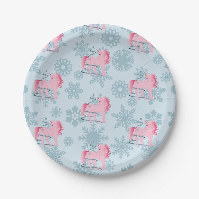 Unicorn Pink Cute Girl Whimsical Snowflakes Paper Plates (Front)