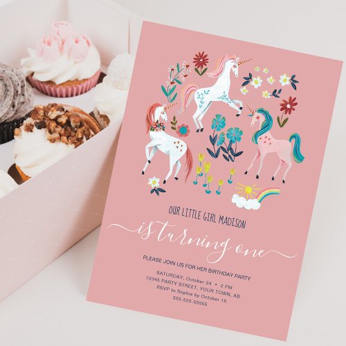 Unicorn pink cute magical girls first birthday inv invitation