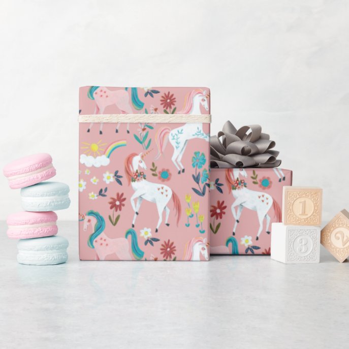 Unicorn pink cute magical girls first birthday wrapping paper
