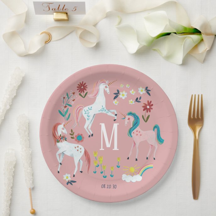 Unicorn pink cute magical girls monogram birthday paper plates