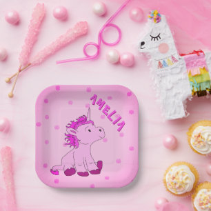 Unicorn Pink Dot Pattern Girl Birthday Paper Plates