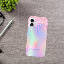 Unicorn pink drips holographic name iPhone 16 case