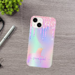 Unicorn pink drips holographic name Case-Mate iPhone 14 case<br><div class="desc">A trendy iridescent background with unicorn and rainbow pastel colors in pink, purple, mint green. Decorated with faux glitter drips in pink, purple and a rainbow colored unicorn. Purple colored letters. Personalize and add your name. The name is written with a modern hand lettered style script with swashes. To keep...</div>