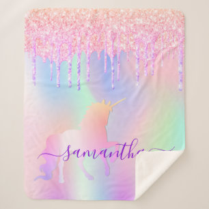Unicorn pink drips holographic name script sherpa blanket