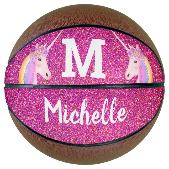 Unicorn Pink Faux Glitter Personalized Girls Basketball (Front)