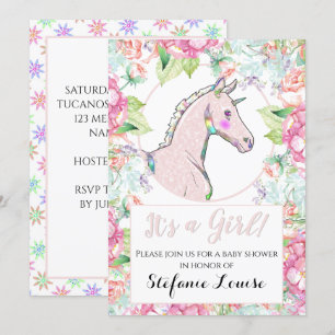 Unicorn Pink Felt Foal It's a Girl! Invitation