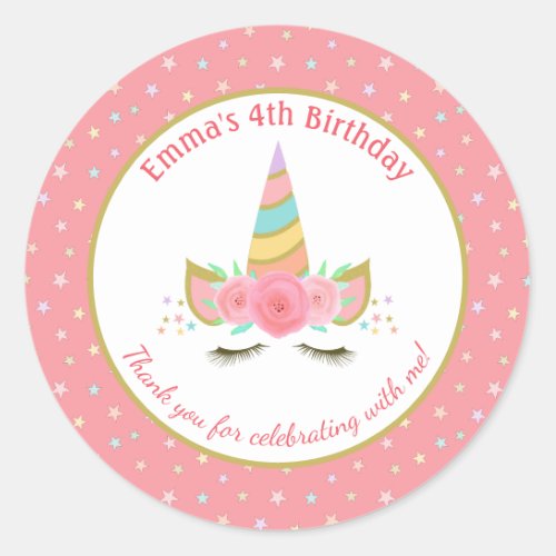 Unicorn Pink Floral Birthday Party Thank You Favor Classic Round Sticker