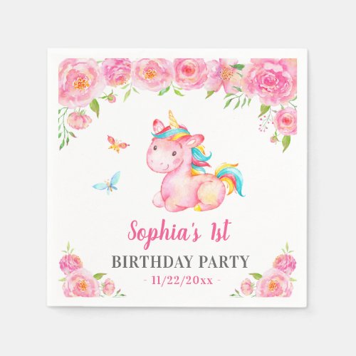 Unicorn Pink Floral Girl 1st Birthday Party Paper Napkins