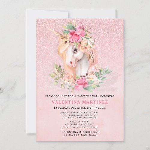 Unicorn Pink Floral Glitter Baby Shower Invitation