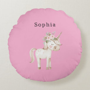 Unicorn Pink Floral Round Pillow
