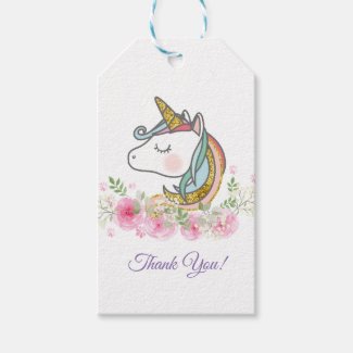unicorn, pink floral, thank you gift tag