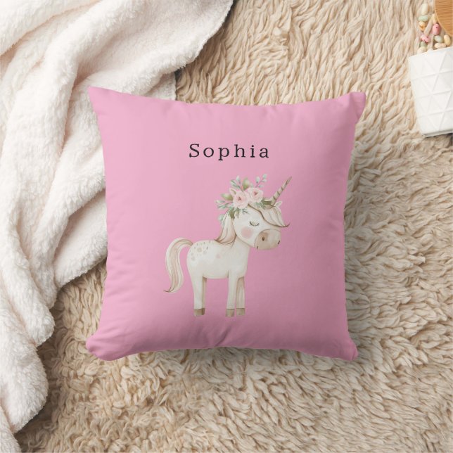 Unicorn Pink Floral Throw Pillow (Blanket)