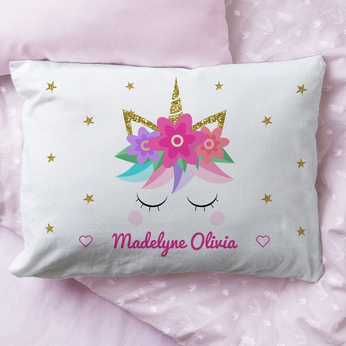 Unicorn Pink Flowers Glitter Stars Personalized Pillow Case