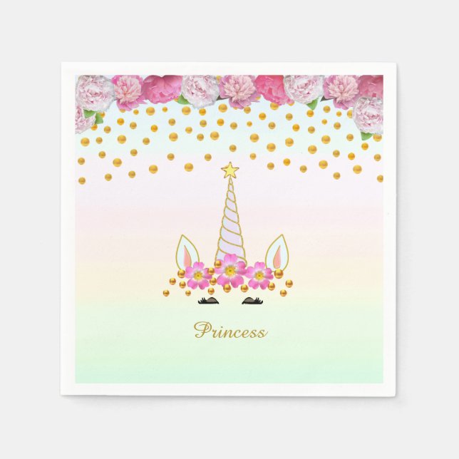 Unicorn, Pink Flowers & Gold Confetti Napkins (Front)