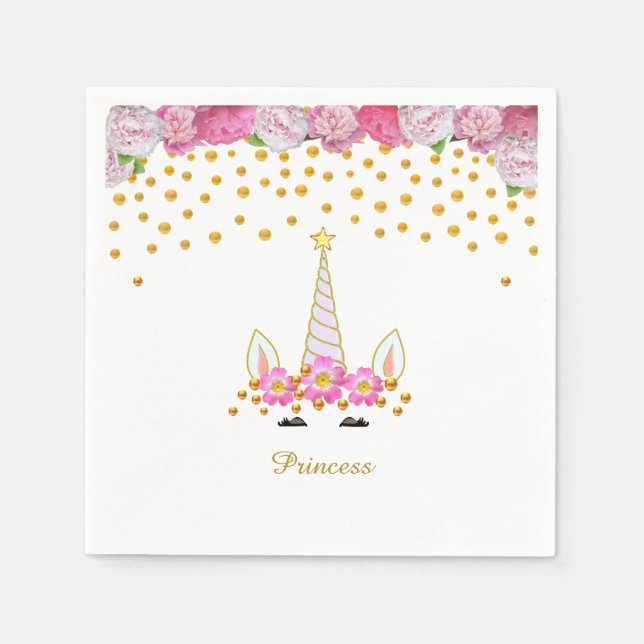 Unicorn, Pink Flowers & Gold Confetti Napkins (Front)
