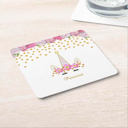 Unicorn Pink Flowers  Gold Confetti Square Paper Coaster