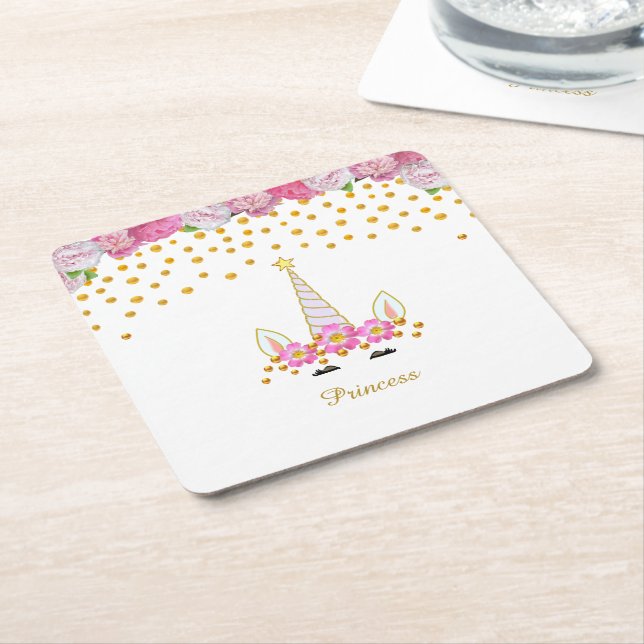 Unicorn, Pink Flowers & Gold Confetti Square Paper Coaster (Angled)