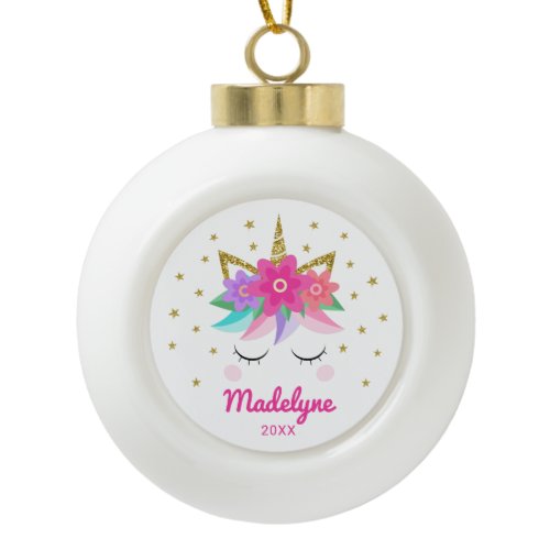 Unicorn Pink Flowers Stars Personalized Name Ceramic Ball Christmas Ornament