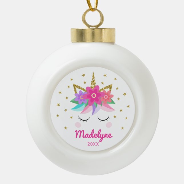 Unicorn Pink Flowers Stars Personalized Name Ceramic Ball Christmas Ornament (Front)