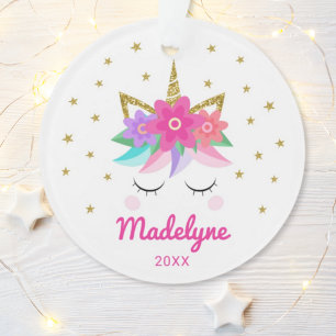Unicorn Pink Flowers Stars Personalized Name Ornament