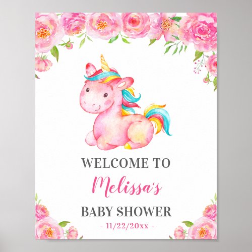 Unicorn Pink Girl Baby Shower Sprinkle Welcome Poster