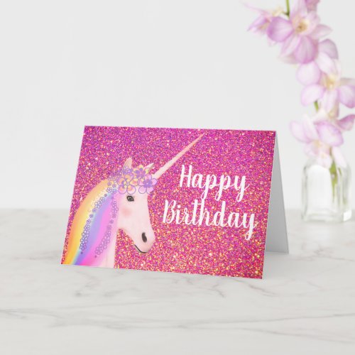 Unicorn Pink Glitter Birthday Greeting Card