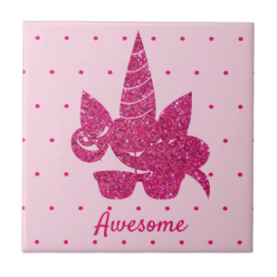 Unicorn Pink Glitter Cute Girly Kids Ceramic Tile