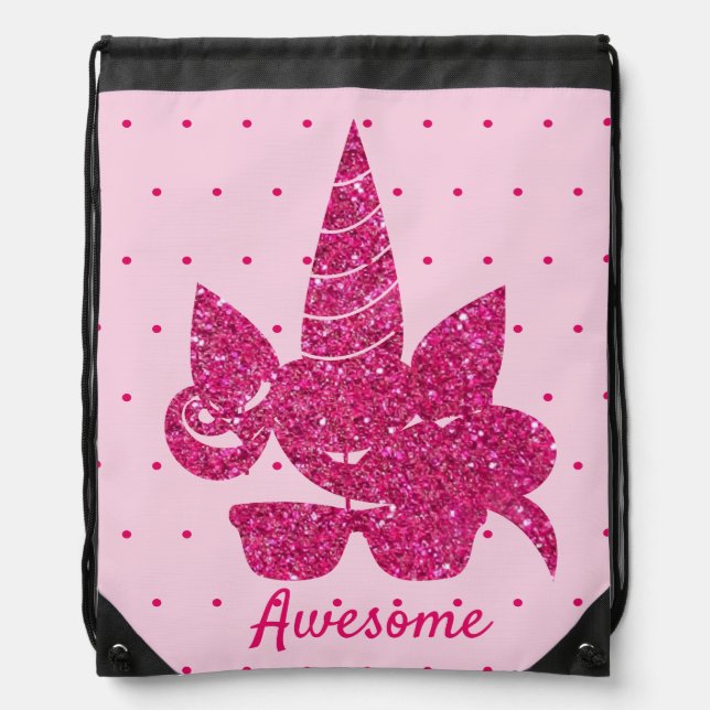 Unicorn Pink Glitter Cute Girly Kids Drawstring Bag (Front)
