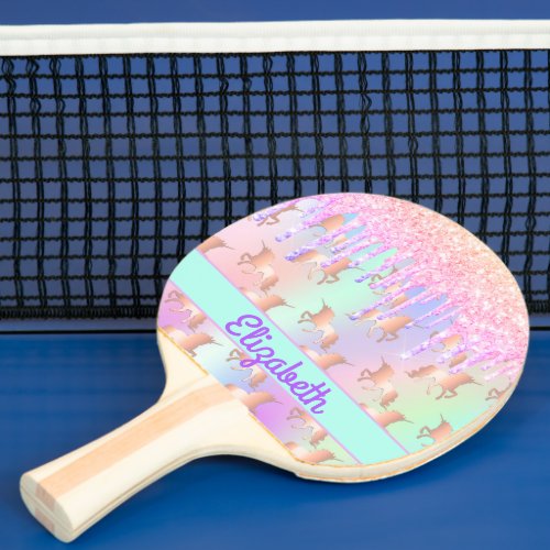 Unicorn pink glitter drips holographic girl ping pong paddle