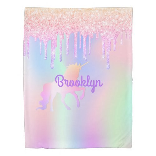 Unicorn pink glitter drips holographic monogram duvet cover