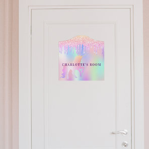 Unicorn pink glitter drips holographic name door sign