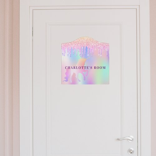 Unicorn pink glitter drips holographic name door sign