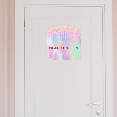 Unicorn pink glitter drips holographic name door sign