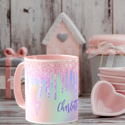 Unicorn pink glitter drips holographic purple name mug
